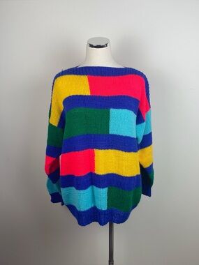 Handmade Crochet Knit Colorful Color Block Geometric Sweater Women Large